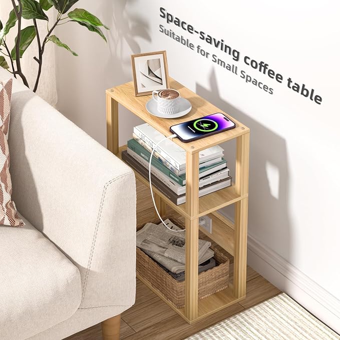 YUFAM Small Narrow Wood Side Table with Charging Station, 3-Tier Slim End Table for Small Space, Skinny Nightstand with Storage for Couch, Thin Bedside Table with USB Ports and Outlets, Natural