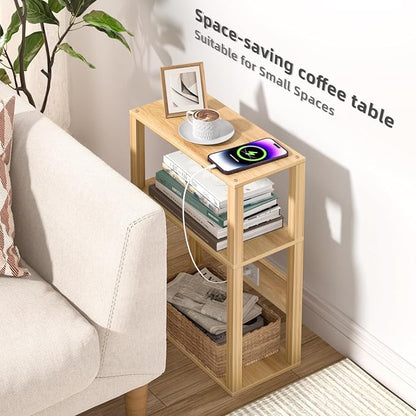 YUFAM Small Narrow Wood Side Table with Charging Station, 3-Tier Slim End Table for Small Space, Skinny Nightstand with Storage for Couch, Thin Bedside Table with USB Ports and Outlets, Natural