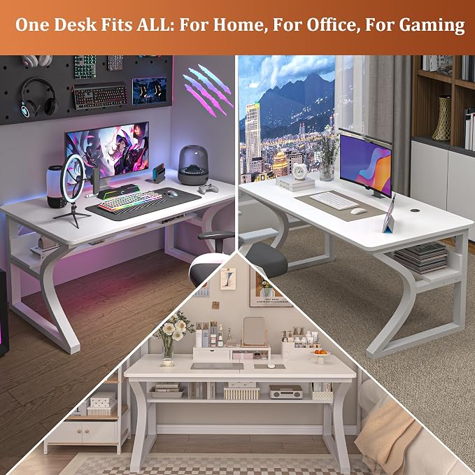 47 inch Computer Desk, Home Office Desk with Storage Shelf, Sturdy U-Shaped Metal Frame Study Table with Cable Management, Gaming Desk for Office & Bedroom (White, 47inch)