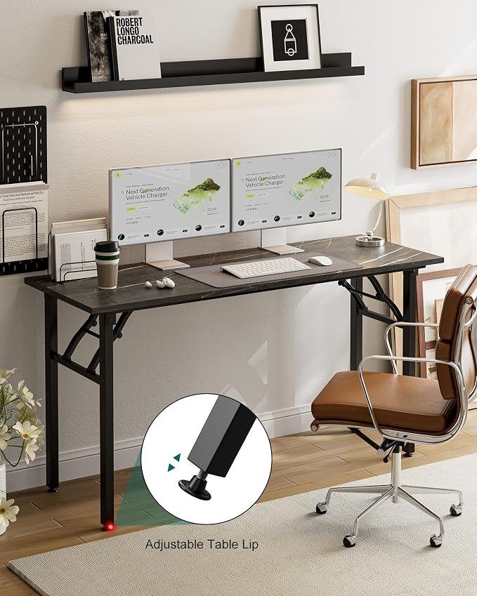 Frylr Small Folding Computer Desk – Portable 55.1 Inch Foldable Laptop Table, Collapsible and Compact for Easy and Fast Setup, Lightweight for Small Spaces, Home Craft and Study Use, Marble Greige