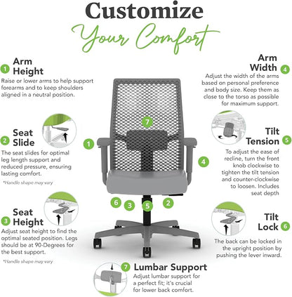 HON Ignition 2.0 ReActiv Ergonomic Office Chair, Mesh Desk Chair with Lumbar Support, Synchro‑Tilt Recline, Height and Width Adjustable Arms, Swivel Wheels, Titanium Frame, Steel