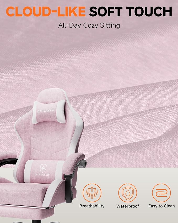 GTPLAYER Gaming Chair with Footrest, Computer Gaming Chair for Adults, Height Adjustable Gamer Chair with 90-155° Recline & Removable Headrest Lumbar Support,Linen Fabric Pink