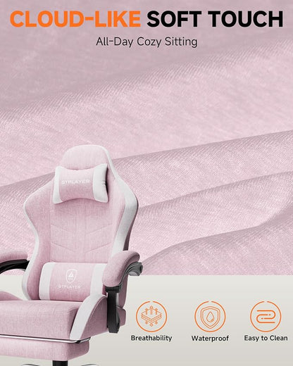 GTPLAYER Gaming Chair with Footrest, Computer Gaming Chair for Adults, Height Adjustable Gamer Chair with 90-155° Recline & Removable Headrest Lumbar Support,Linen Fabric Pink