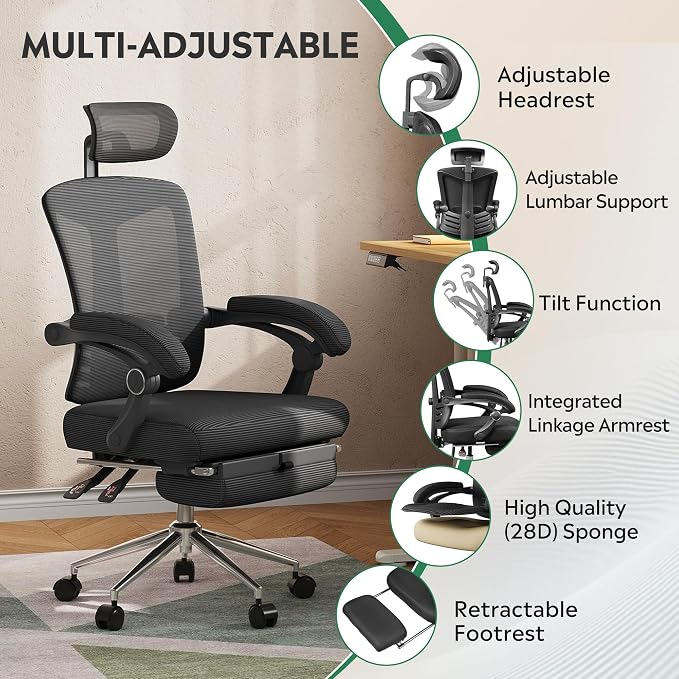 DEVAISE Ergonomic Mesh Office Desk Chair with Footrest, Comfrotable Big and Tall Reclining Computer Chair with Adjustable Lumbar Support, Backrest Adjustable, High Back SGS Class 4 Gas Lift, Black