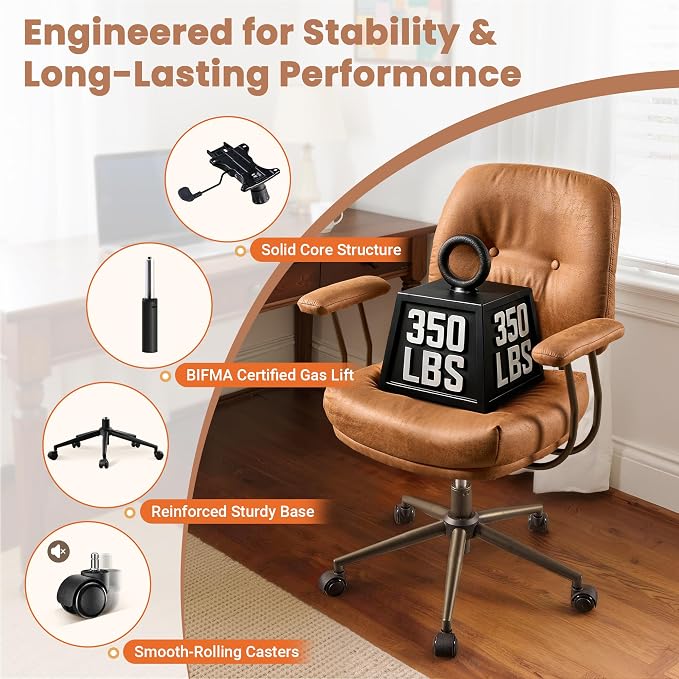 Leather Home Office Chair, Mid Back Ergonomic Desk Chair with Lumbar Support, Mid Century Modern Deep Seat Swivel Rocking Computer Chair, Brown