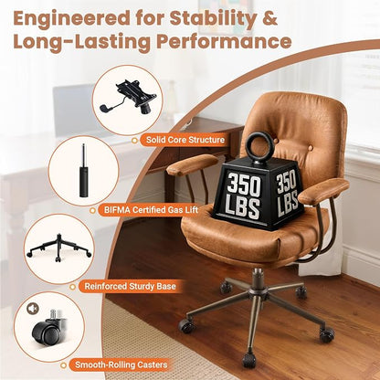 Leather Home Office Chair, Mid Back Ergonomic Desk Chair with Lumbar Support, Mid Century Modern Deep Seat Swivel Rocking Computer Chair, Brown