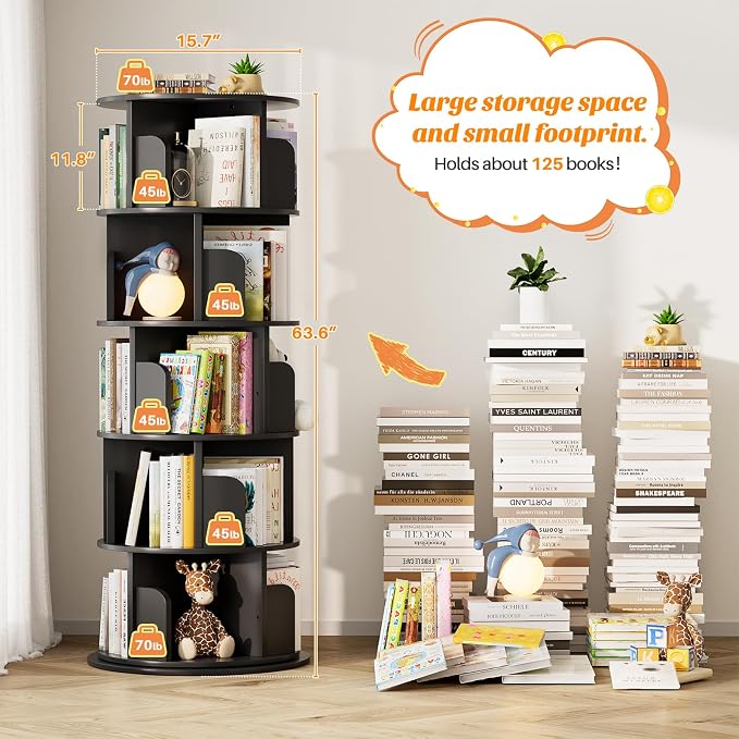 Aheaplus Rotating Bookshelf, 360 Display Wood Spinning Bookshelf Tower, 5 Tier Floor Standing Bookcase Storage Rack, Revolving Bookcase Corner Bookshelf for Small Space, Bedroom, Study Room, Black