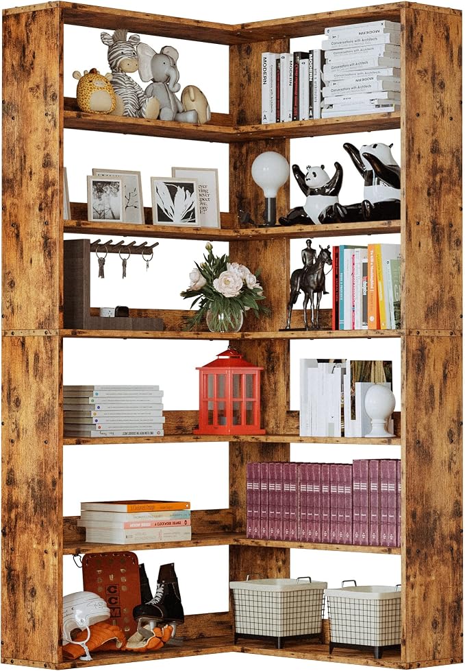 IRONCK Corner Bookshelf 6-Tier L-Shaped Industrial Corner Bookcase with Side Baffles, Large Storage Display Shelf for Living Room, Home Office