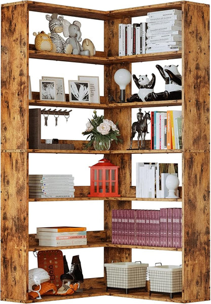 IRONCK Corner Bookshelf 6-Tier L-Shaped Industrial Corner Bookcase with Side Baffles, Large Storage Display Shelf for Living Room, Home Office