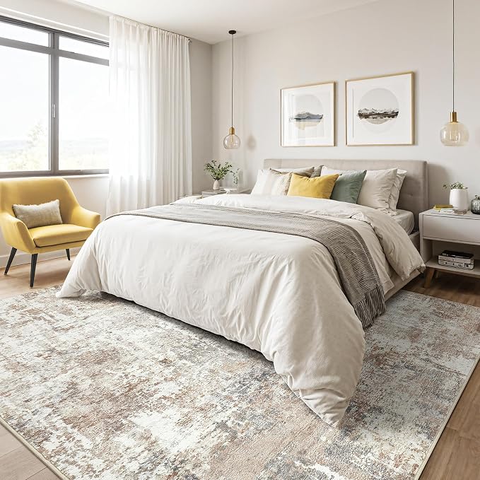 LOONGRUG 5x8 Area Rug Living Room: Machine Washable Large Abstract Soft Rugs Stain Resistant Indoor Floor Non Slip Accent Carpet for Bedroom Nursery Playroom Office Dining Room Dorm Home House- Brown
