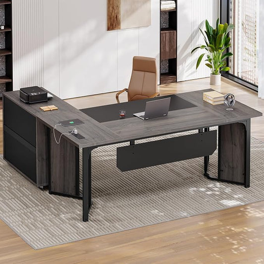 UPOSOJA 63" Executive Desk with Mobile File Cabinet, Large Office Desk with Drawer, Modern L Shaped Desk with Power Outlets, Storage Shelves, Corner Computer Desk Business Workstation Set (Grey)