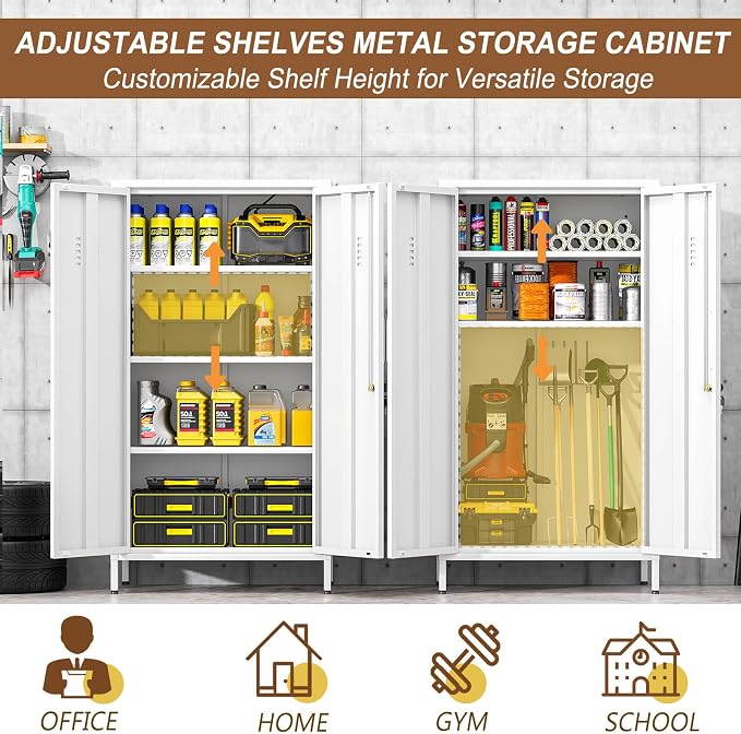 pozdeg 47.24" Metal Storage Locker with Lockable, Employees Metal Steel Locker with 2 Door ＆ 3 Adjustable Shelves, Small Locker Storage Cabinets for Home, School, Office, Gym (White)