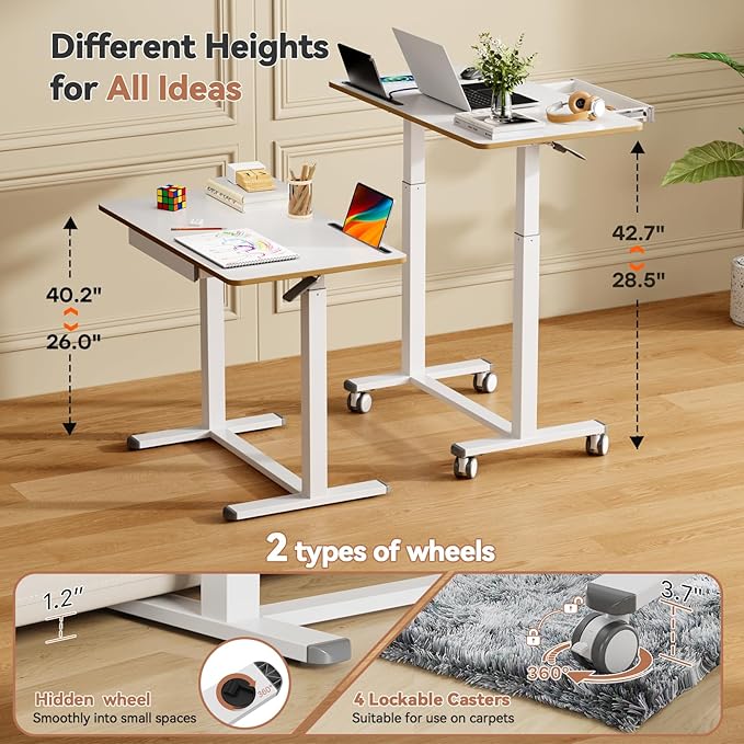 Mobile Standing Desk, 35inch Small Rolling Table with Drawer, Height Adjustable Sit Stand Workstation, White Portable Laptop Cart with Hidden Wheels or Lockable Casters