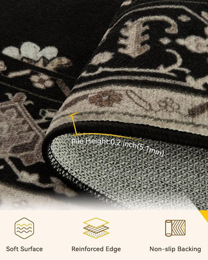 RELEANY Area Rugs Round 4ft Washable Non-Slip, Floral Vintage Distress Medallion Carpet for Living Room Bedroom Dining Room, Black Brown Neutral Dark Tan
