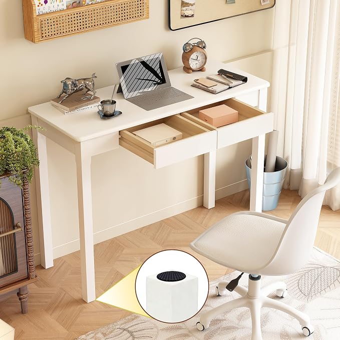 Solid Wood Desk with Drawers - 39" Narrow Desks for Small Spaces, Mid Century Modern Desks, Small Wooden Vintage Computer Writing Desk, Study Table for Home Office Bedroom, White