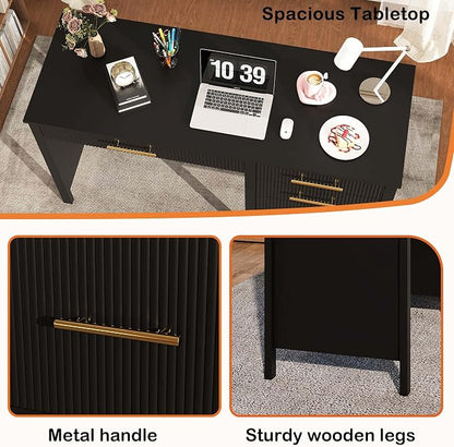 Black Executive Desk with Drawers: 54" Wood Computer Desk with File Drawer, Modern Home Office Desks with Storage, Fluted Writing Desks for Working, Studying (Black, 54")