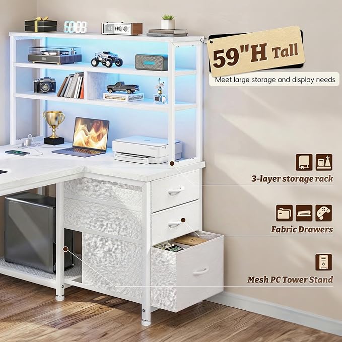 55''L Shaped Desk White Desk with 3 Fabric Drawers & Shelf, 55 Inch Computer Gaming Desk with Remote LED Lights, Power Outlet and PC Stand of Corner Desk for Home Office,Vanity Desk for Bedroom,White