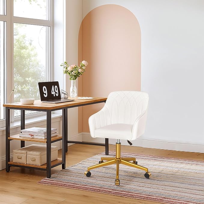 VECELO Modern PU Swivel Home Office Desk Chair with Back & Rolling Wheels, Adjustable Seat Height for Girls Women Bed Room Vanity Makeup/Task/Computer Work, White