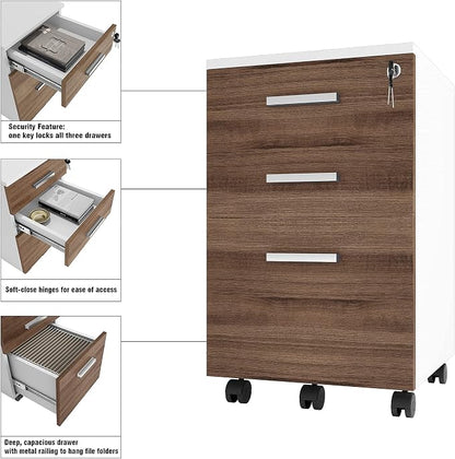 Modern Design Lazio File Cabinet, Filing Cabinets for Home Office, Drawers for Under Desk, Locking 3 Drawer Rolling Filing Cabinet with Lock, Walnut and White, by Crafts and Comfort