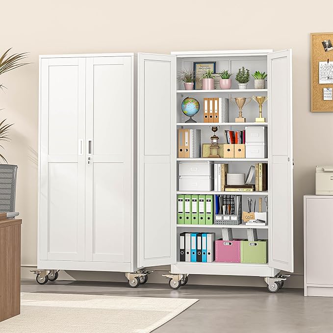 winiowa 75" Tall Metal Garage Storage Cabinet with Wheels, Steel Locking Rolling Tool Cabinet with 5 Adjustable Shelves for Garage,Home,Office (White)