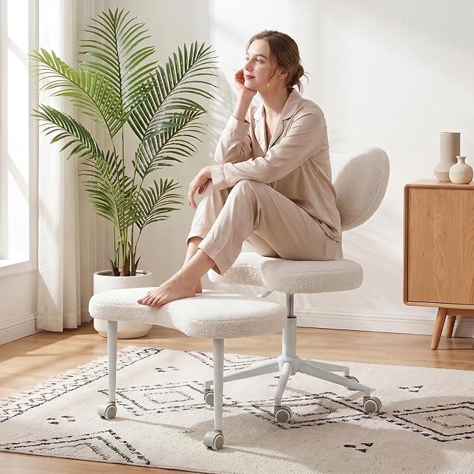 Ergonomic Cross Legged Chair with Wheels,360° Swivel Meditation Chair,ADHD Chair, Criss Cross Desk Chair with Lumbar Support and Adjustable Stool, Flexible Design for Fidgety Sitters, Ivory