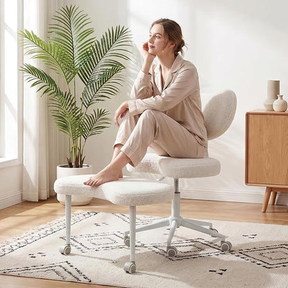 Ergonomic Cross Legged Chair with Wheels,360° Swivel Meditation Chair,ADHD Chair, Criss Cross Desk Chair with Lumbar Support and Adjustable Stool, Flexible Design for Fidgety Sitters, Ivory