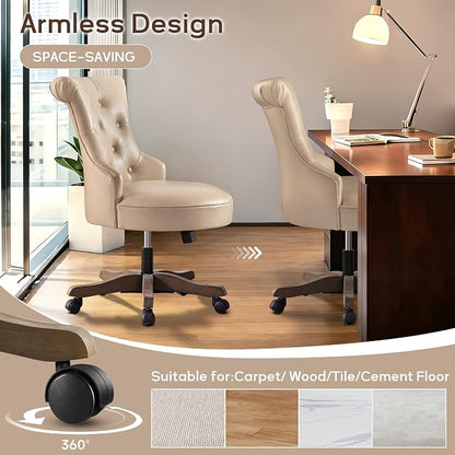 HUIMO Home Office Chair Upholstered PU Leather Armless Desk Chair with Wheels Adjustable Height Computer Desk Chair with Wooden Legs Comfortable Swivel Chair for Home Office Study Studio (Light Taupe)