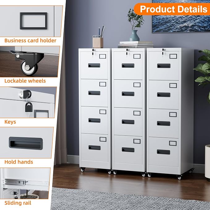 METAN 4 Drawer Metal File Cabinet on Wheels, Lockable Vertical Filing Storage for Letter Legal Size, Steel Organizer for Home Office, 14.96"x17.72"x54.13", Assembly Required, White
