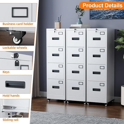METAN 4 Drawer Metal File Cabinet on Wheels, Lockable Vertical Filing Storage for Letter Legal Size, Steel Organizer for Home Office, 14.96"x17.72"x54.13", Assembly Required, White