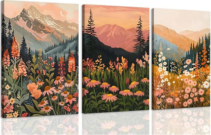 ICHZUMW Boho Mountain Wall Decor, Colorful Nature Abstract Landscapes Wildflower Canvas Wall Art, Daisy Painting Artwork for Living Room Bedroom Office, Wrapped Canvas, Ready to Hang, 12x16in 3Pcs