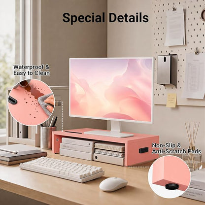 BONTEC Monitor Stand Riser with Cellphone Holder & Cable Management, 16.7 Inch Wood Monitor Riser Stand, Desktop Stand for PC/TV/Laptop/Printer, Pink