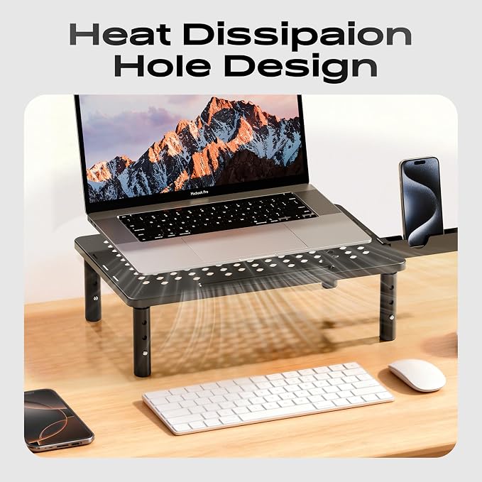 Computer Monitor Stand Riser for Desk, 3 Height Adjustable PC Laptop TV Desktop Monitor Stand Shelf, Metal Printer Table with Phone Holder, Stand Riser for Desk, Office Desk Organizers and Accessories, 1 Pack
