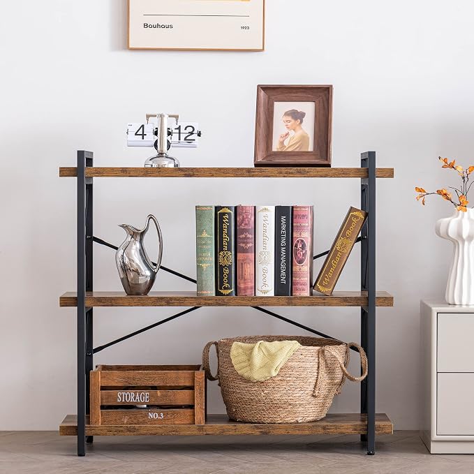 HCHQHS 3-Tier Industrial Bookshelf, 35" W x 12" D x 35" H | 1.2" Shelf Thickness, 14.17" Shelf Height, Wood and Metal, Horizontal, Rustic Brown, for Office Living Room Bedroom