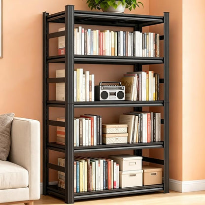 Bolt-Free Metal Bookshelf, Adjustable Tall Bookcase with Anti-Drop Fence, Heavy Duty Deep Book Shelf, Large Office Bookshelf, Modern Storage Shelves for Bedroom, LivingRoom, Garage