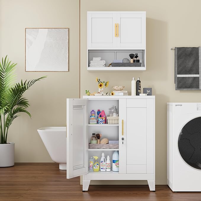 GAIOUS 36" White Floor Storage Cabinet, Locked Metal Storage Cabinets with 2 Doors and 2 Adjustable Shelves, Sideboard Buffet Cabient, Freestanding Cabinet for Home/Office/Garage/Tool Room/Bathroom