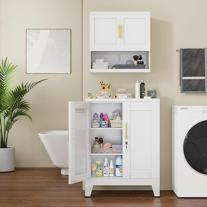 GAIOUS 36" White Floor Storage Cabinet, Locked Metal Storage Cabinets with 2 Doors and 2 Adjustable Shelves, Sideboard Buffet Cabient, Freestanding Cabinet for Home/Office/Garage/Tool Room/Bathroom