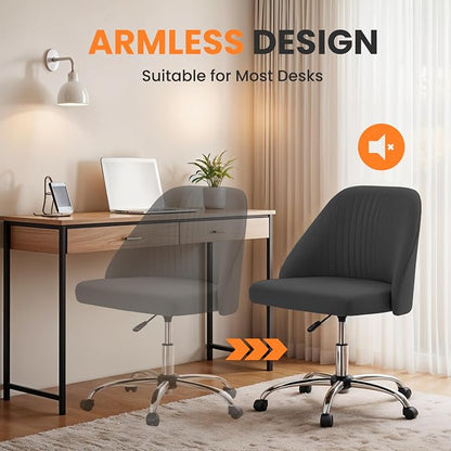 Simple Deluxe Armless Office Desk Chair, Modern Cute Swivel Vanity Chair Comfy Home Office Chairs with Wheels Height Adjustable Rolling Computer Task for Living Room, Make-up, Bedroom, Dark Grey