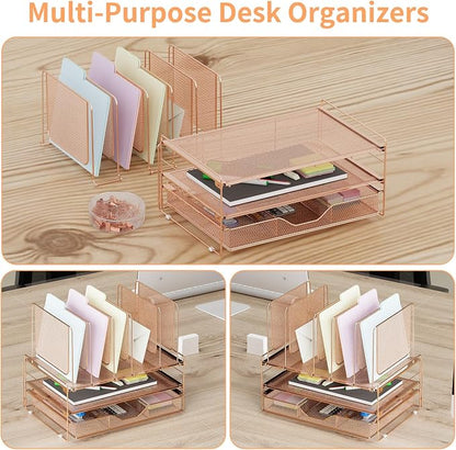 LEKETREE Rose Gold Desk Organizer, Office Organization with Vertical File Holder, File Organizer with Drawer and Office Supplies, Desk Accessories and Workspace Organizers (Rose Gold)