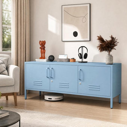 Blue Industrial Metal TV Stand with Lockable Storage Cabinet, Wide 3-Door Media Console, Adjustable Shelves, Multipurpose Accent Cabinet for Living Room Bedroom Home Office