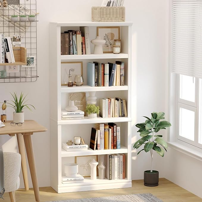 blini White Bookshelf and Bookcase Double Wide Large Bookshelves Wooden 5 Tier Tall Bookshelf with Storage Cabinets for Living Room, Home Office, Library (White, 5-Shelf)