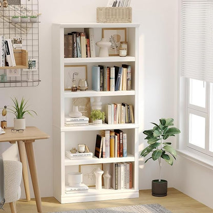 blini White Bookshelf and Bookcase Double Wide Large Bookshelves Wooden 5 Tier Tall Bookshelf with Storage Cabinets for Living Room, Home Office, Library (White, 5-Shelf)