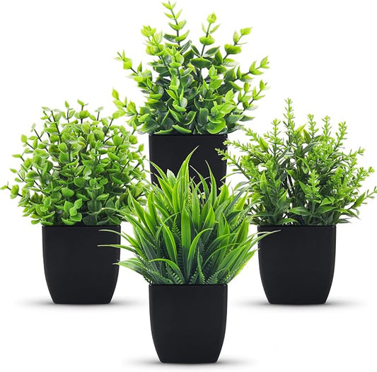 Der Rose 4 Packs Fake Plants Small Artificial Mini Faux Plants for Bathroom Home Office Shelf Black Decor Indoor