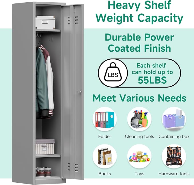 Metal Lockers for Employees,71" Steel Storage Cabinet with 1 Door Lockable for Home,Gym,School,Office,Garage-Assembly Required/Gray