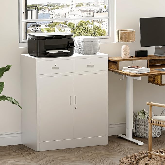 Metal Storage Cabinet, 36 Inch Tall Locking Cabinet with 2 Doors and 2 Drawers, Metal Cabinets with Adjustable Shelf, Garage Cabinets for Kitchen,Garage,Warehouse, White