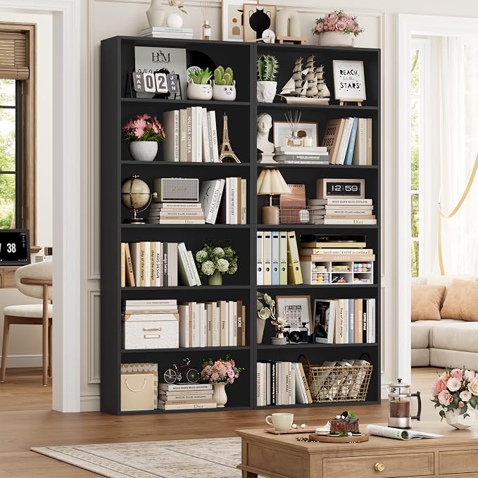 FOTOSOK 6-Tier Open Bookcase and Bookshelf, Freestanding Display Storage Shelves Tall Bookcase for Bedroom, Living Room and Office, Black Set of 2