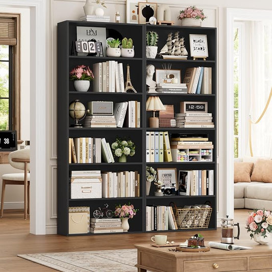 FOTOSOK 6-Tier Open Bookcase and Bookshelf, Freestanding Display Storage Shelves Tall Bookcase for Bedroom, Living Room and Office, Black Set of 2