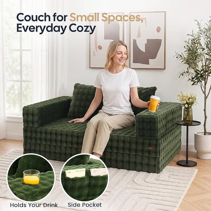 COMAX Futon Sofa Bed, 4‑in‑1 Convertible Sofa Bed, Folding Boneless Couches | Boneless Couch for living room, Fold Out Small Foldable Loveseat Floor Sleeper Mattress Lounge Space‑Saving, Classic Green