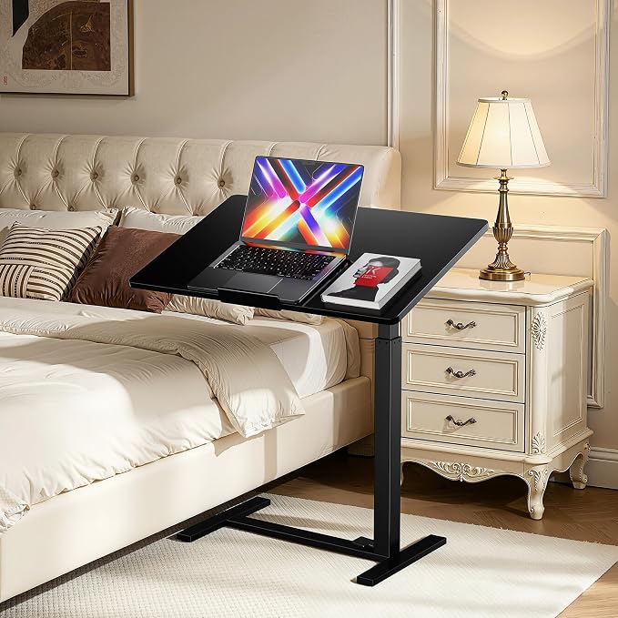 Mobile Standing Desk Adjustable Overbed Table, Pneumatic Height Adjustable Rolling Laptop Desk with Hidden Wheels, 0-180°Tilt Top Rolling Computer Cart Foldable for Home Office, Craft & Study, Black