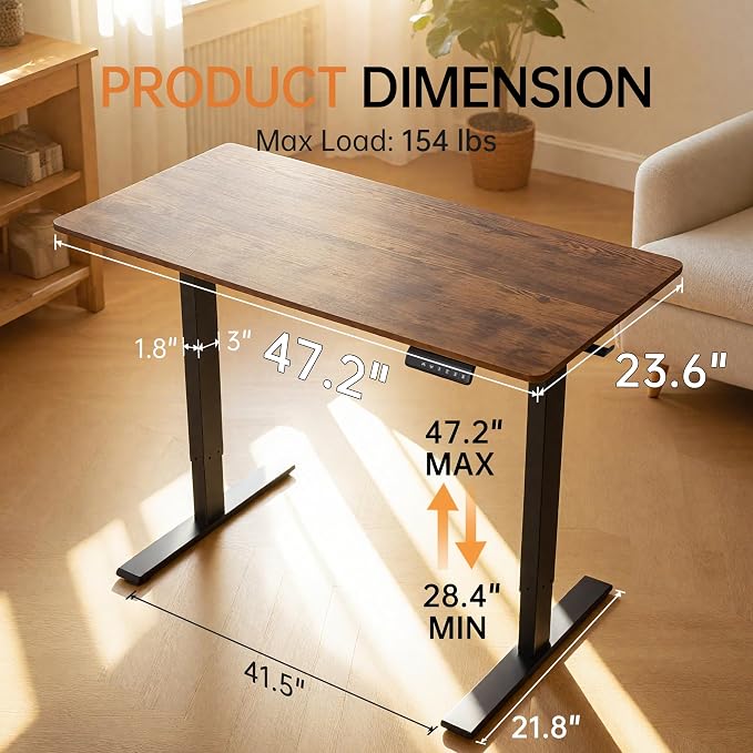 47"x24" Standing Desk Height Adjustable Electric Stand up Desks for Home Office Computer Sit Stand Desk with Two-Piece Desktop with gap LED Display 3 Memory Presets T-Shaped Metal Support,Brown