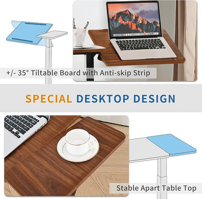 Adjustable Overbed Bedside Table with Hidden Wheels, Pneumatic Tilt Board Rolling Laptop Standing Desk Cart, Mobile Over Bed Sofa Chair Side End Tables, Walnut (Walnut)